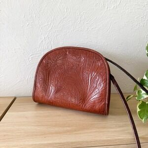 Margot New York | Floral Embossed Tooled Leather Half Moon Crossbody Purse Brown